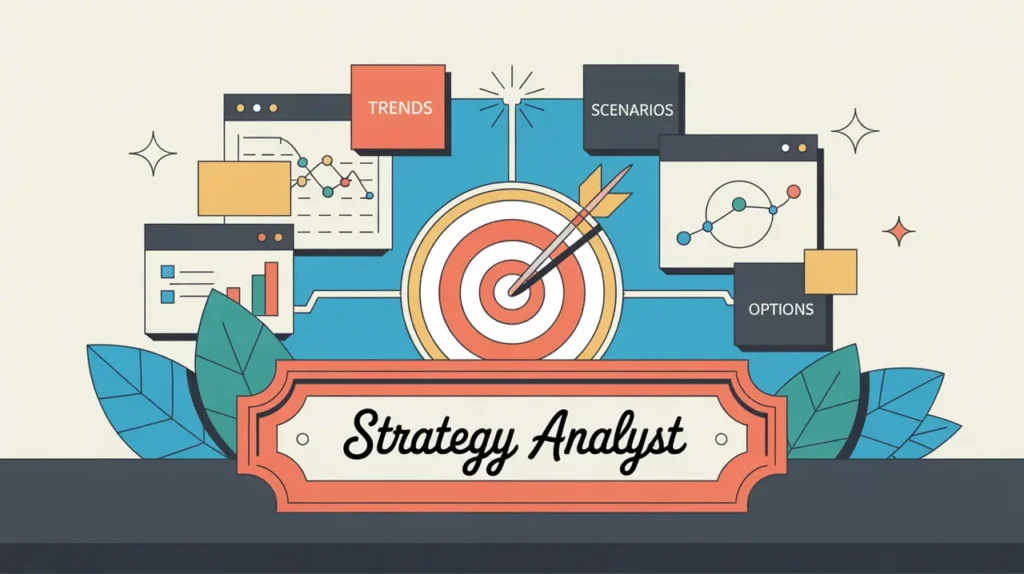 Illustration of strategy analyst desk with data dashboards and charts
