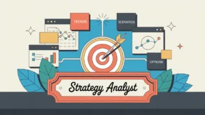 Illustration of strategy analyst desk with data dashboards and charts