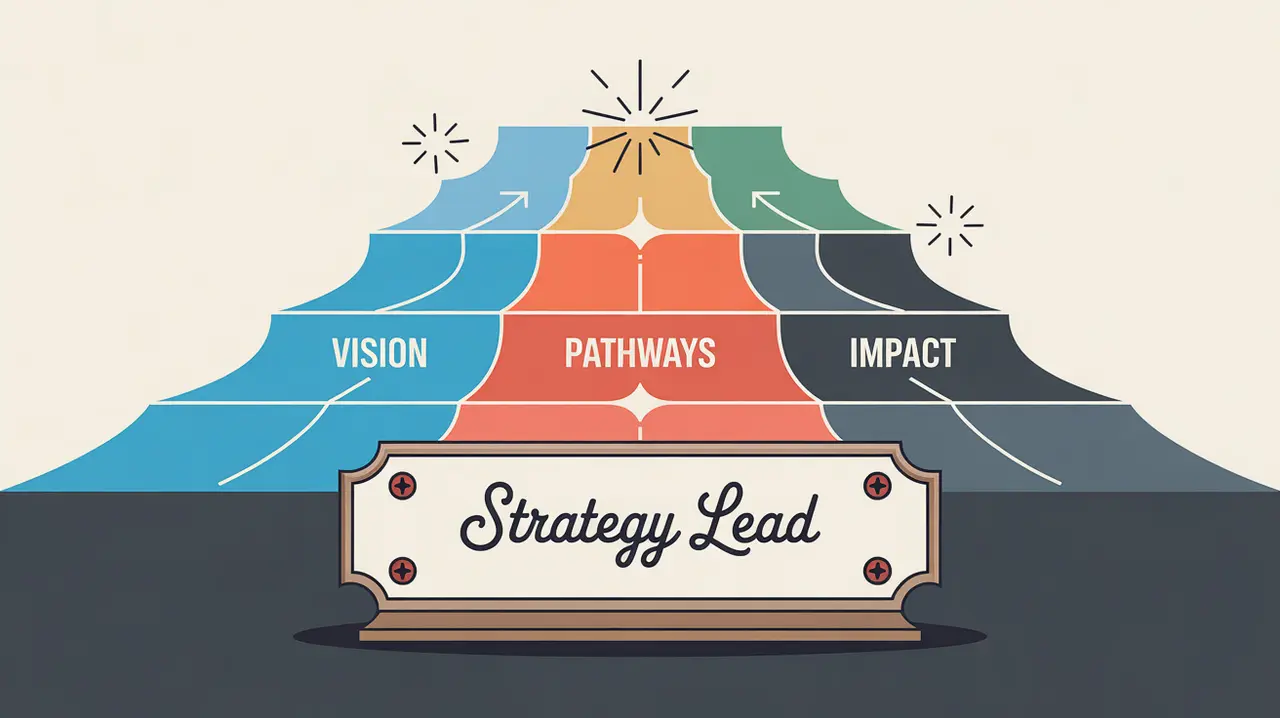 Illustration of strategy lead desk nameplate with flowchart and strategic direction
