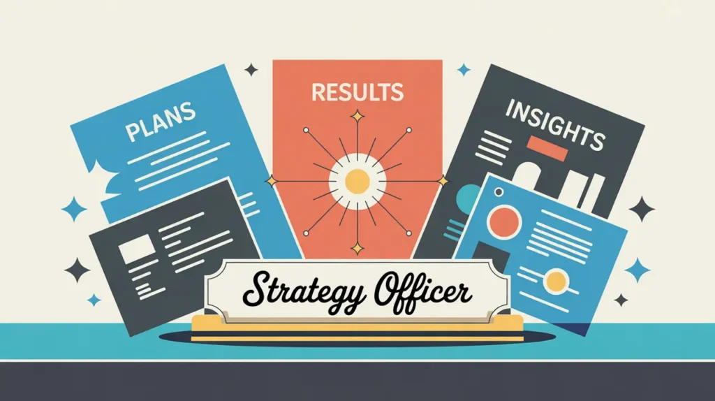 Desk nameplate reading strategy officer with charts and documents around it