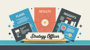 Desk nameplate reading strategy officer with charts and documents around it