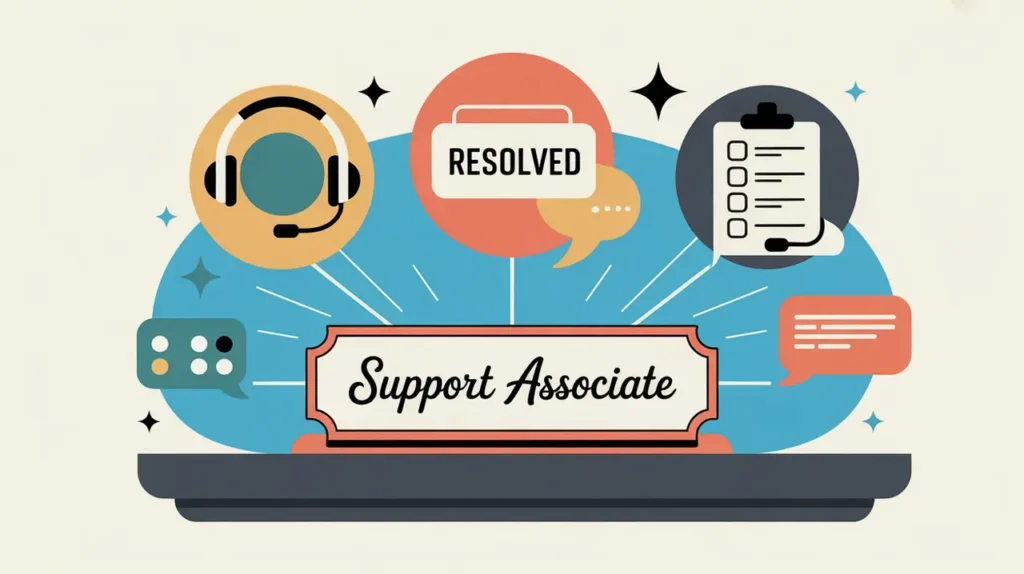 Illustration of support associate desk with communication icons and help-desk panel
