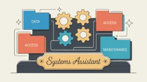 Illustration of systems assistant desk with gears dashboards folders