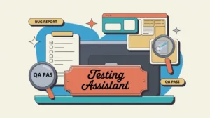 Desk nameplate reading testing assistant with checklists and software screens