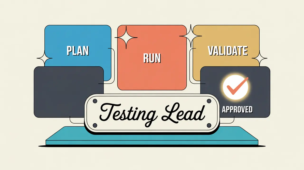 Desk nameplate reading testing lead with connected screens showing plan run validate approved