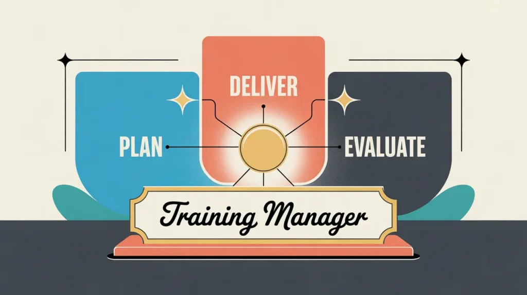 Illustration of training manager desk nameplate with learning cycle modules
