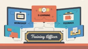 Illustration of training officer desk with learning pathway icons