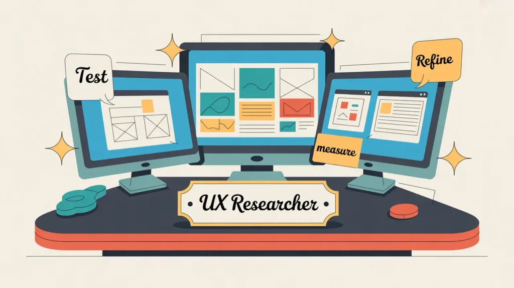 Illustration of UX researcher desk with wireframes heatmaps and feedback icons