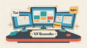 Illustration of UX researcher desk with wireframes heatmaps and feedback icons