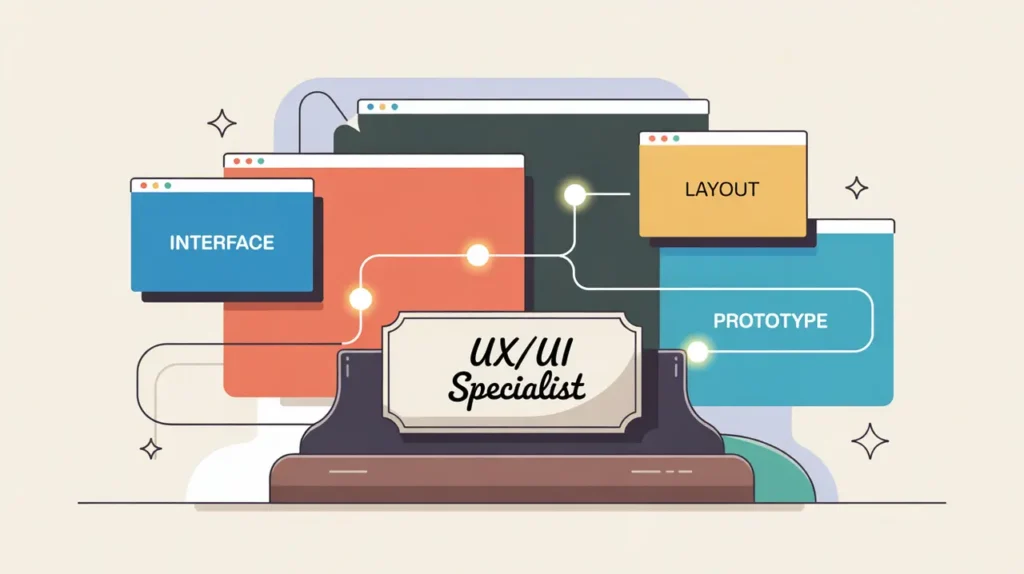 Desk nameplate reading ux/ui specialist with layered digital interface screens