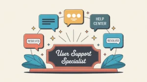 Illustration of user support specialist desk with communication icons