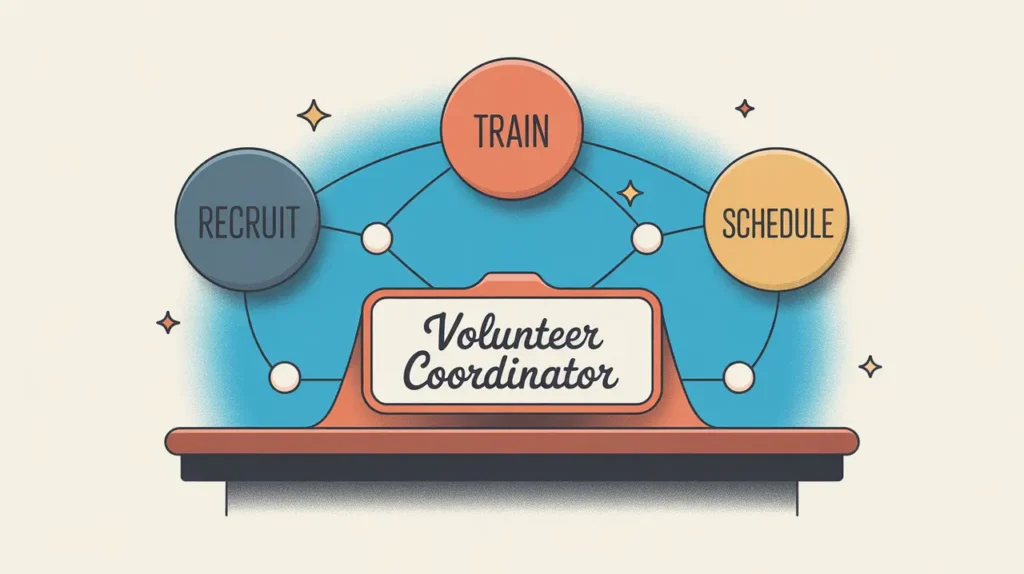 Illustration of volunteer coordinator desk nameplate with network icons Recruit Train Schedule