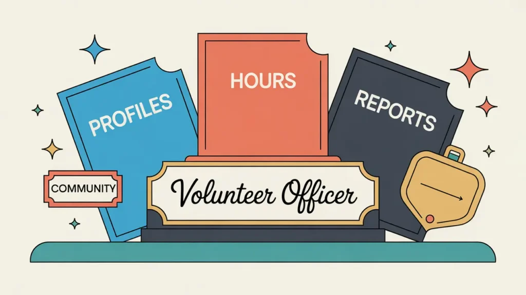 Desk nameplate reading volunteer officer with organized documents and badge